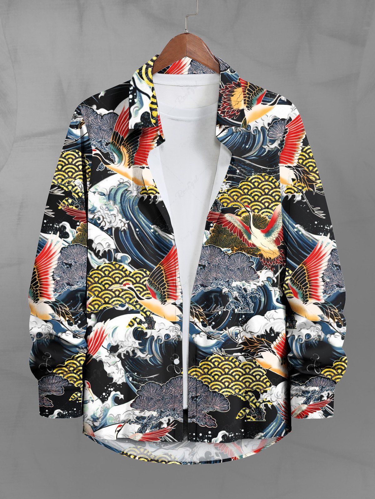 Gothic Plus Size Crane Cloud Pine Sea Waves Print Button Long Sleeves Shirt For Men