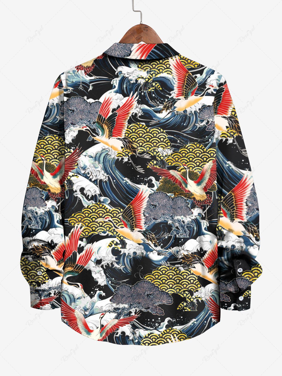 Gothic Plus Size Crane Cloud Pine Sea Waves Print Button Long Sleeves Shirt For Men