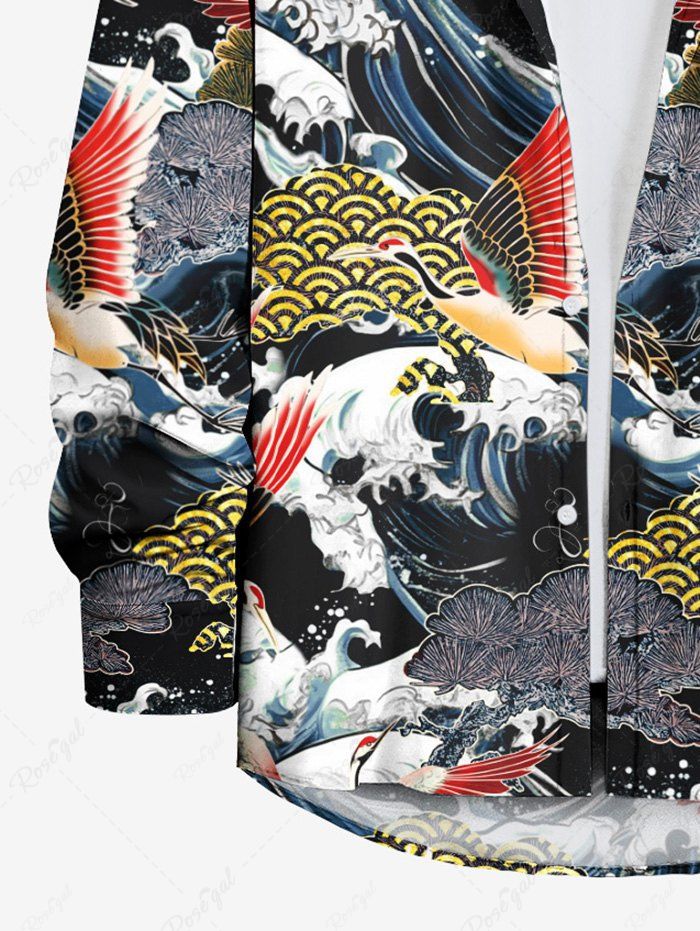 Gothic Plus Size Crane Cloud Pine Sea Waves Print Button Long Sleeves Shirt For Men