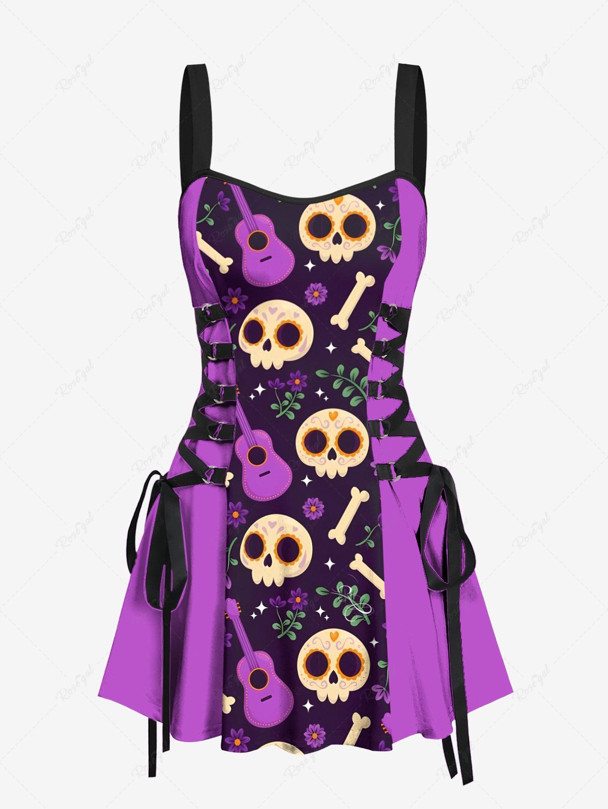 Gothic Skull Bone Guitar Leaf Stars Print Halloween Costume Lace Up A Line Tank Dress