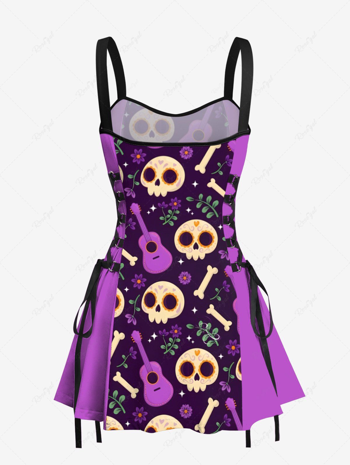 Gothic Skull Bone Guitar Leaf Stars Print Halloween Costume Lace Up A Line Tank Dress