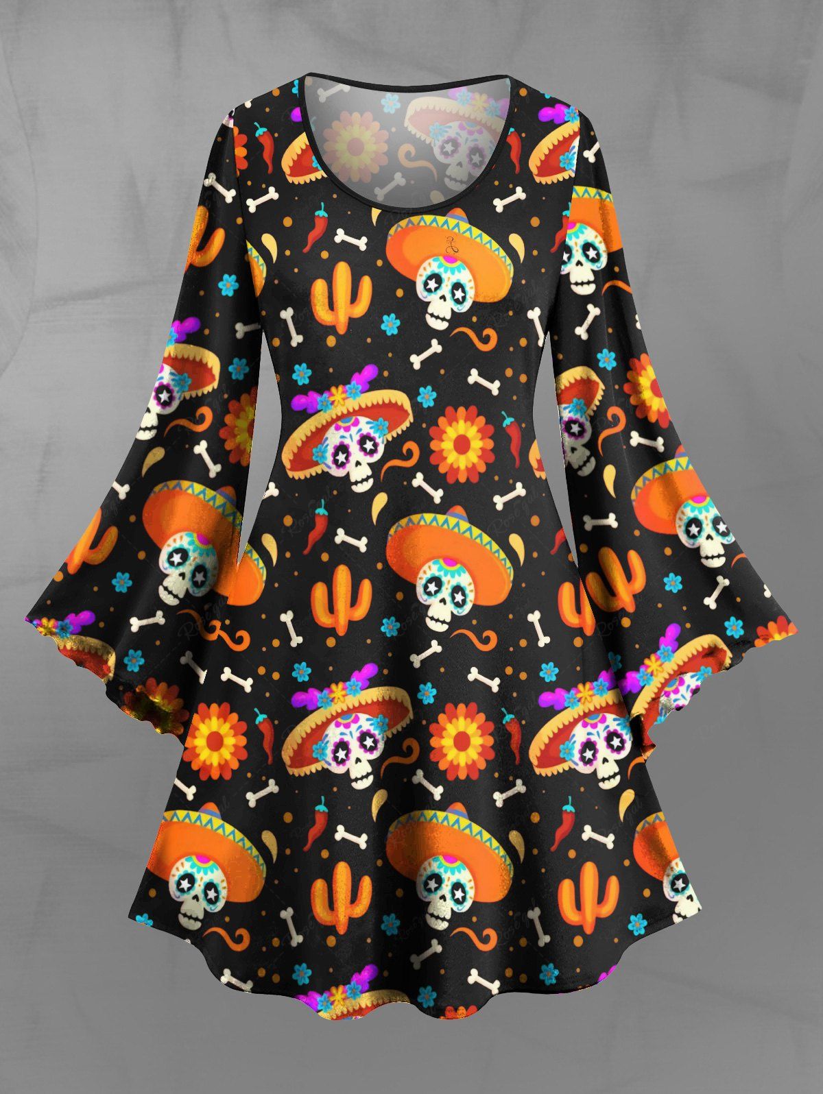 Gothic Plus Size Flower Skull Hat Bone Cactus Print Halloween Costume A Line Mini Dress