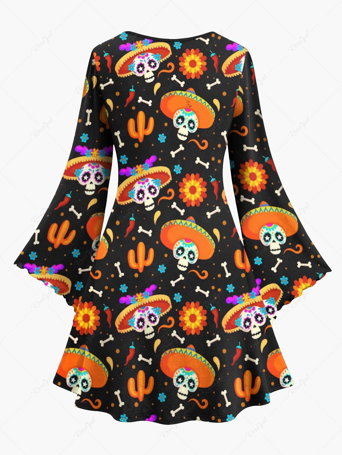 Gothic Plus Size Flower Skull Hat Bone Cactus Print Halloween Costume A Line Mini Dress