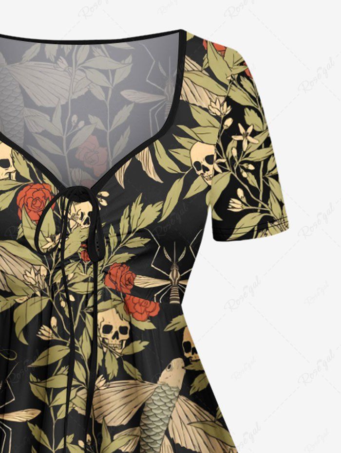 Gothic Plus Size Skull Fish Rose Flower Leaf Branch Print Halloween Costume Cinched A Line Dress