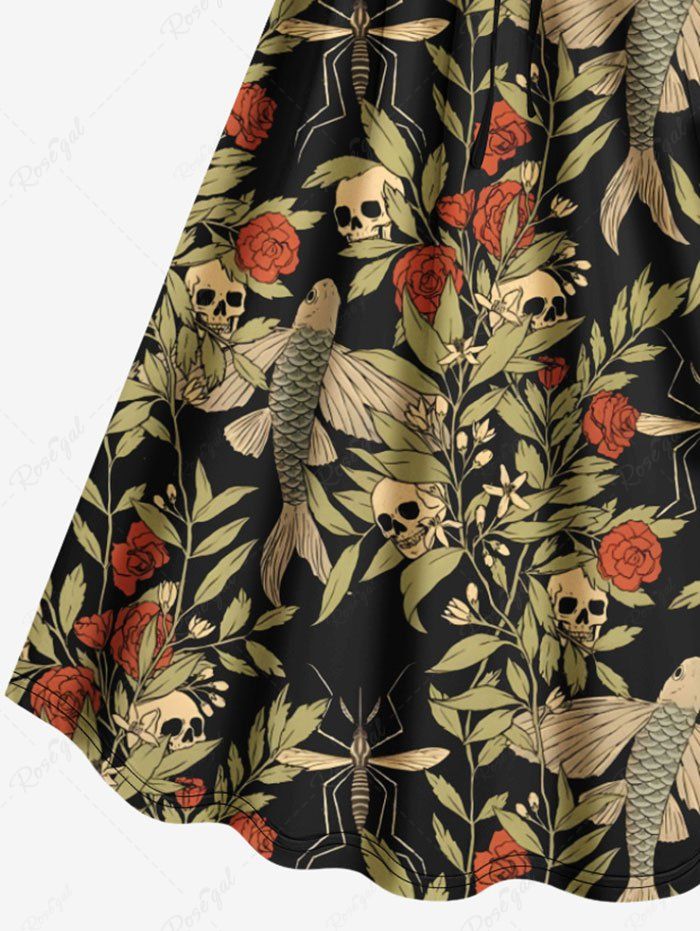 Gothic Plus Size Skull Fish Rose Flower Leaf Branch Print Halloween Costume Cinched A Line Dress