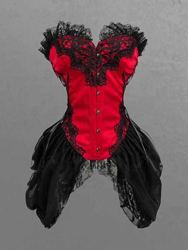 Gothic Rose Flower Lace Panel Patchwork Lace-up Ruffles Ruched Applique Hook and Eye Asymmetric Corset