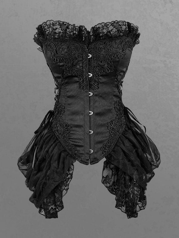 Gothic Rose Flower Lace Panel Patchwork Lace-up Ruffles Ruched Applique Hook and Eye Asymmetric Corset