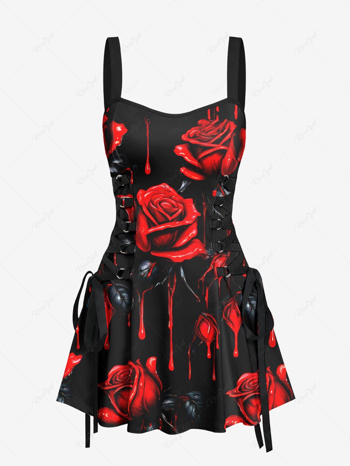 Gothic Bloody Rose Flower Print Halloween Costume Lace Up A Line Tank Dress