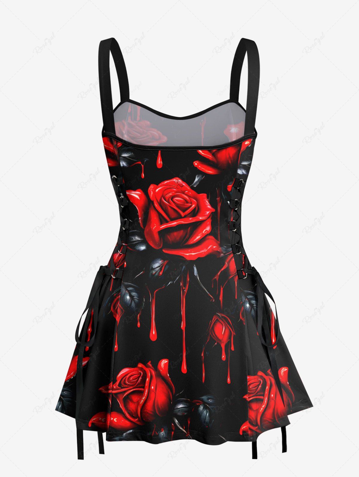 Gothic Bloody Rose Flower Print Halloween Costume Lace Up A Line Tank Dress