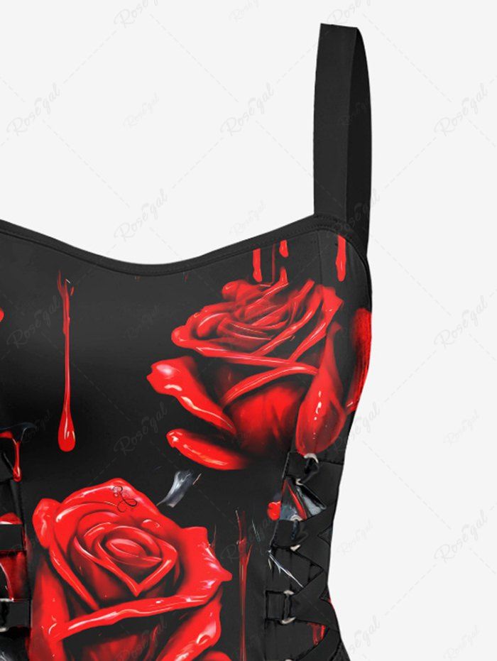 Gothic Bloody Rose Flower Print Halloween Costume Lace Up A Line Tank Dress