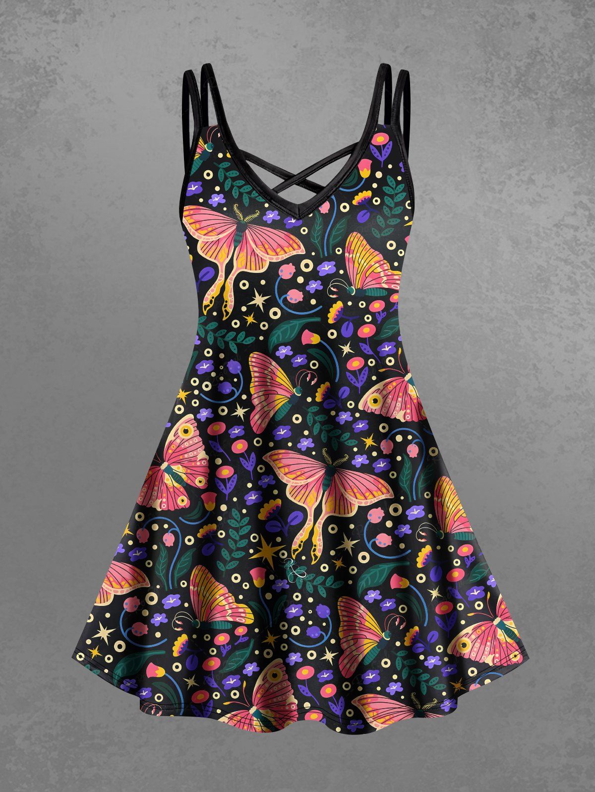 Gothic Plus Size Butterfly Floral Leaf Stars Print Crisscross A Line Cami Dress