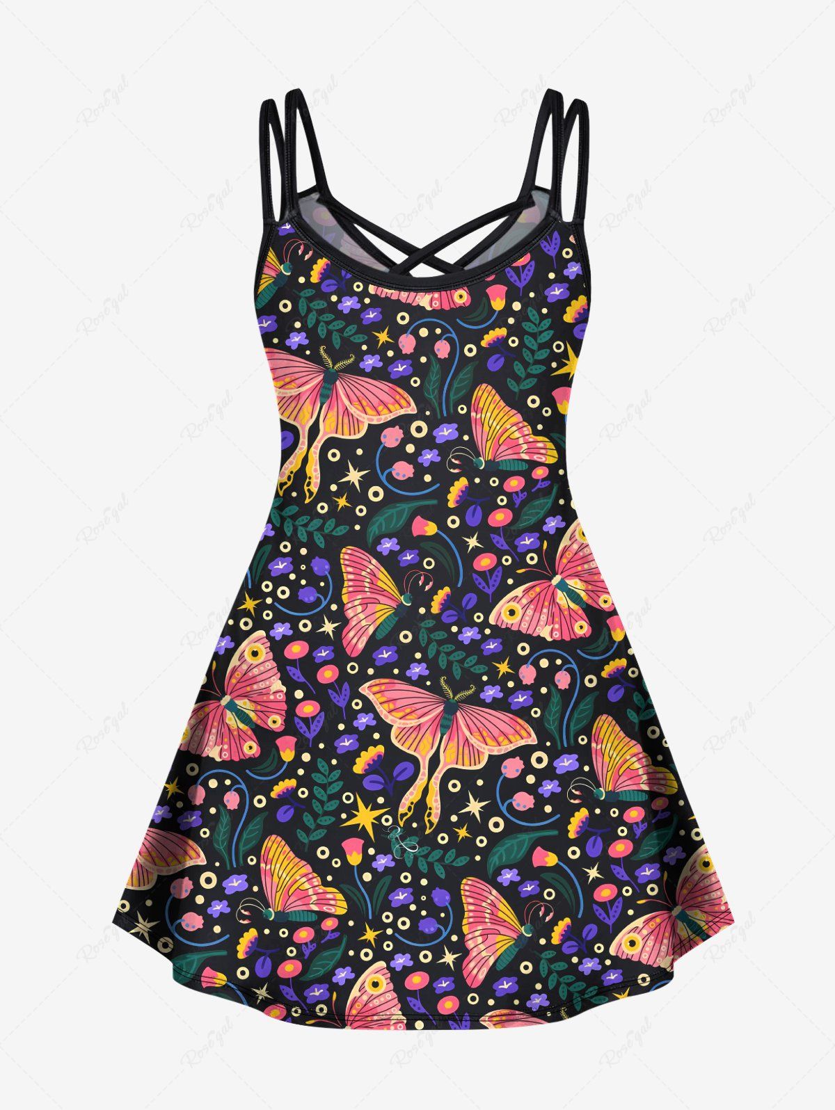 Gothic Plus Size Butterfly Floral Leaf Stars Print Crisscross A Line Cami Dress