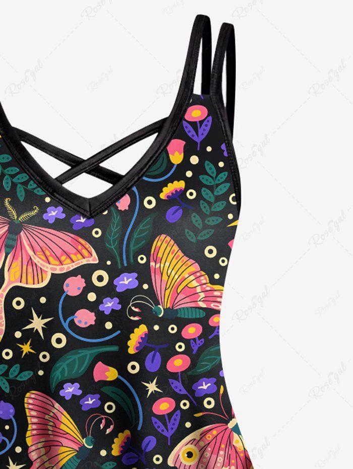 Gothic Plus Size Butterfly Floral Leaf Stars Print Crisscross A Line Cami Dress