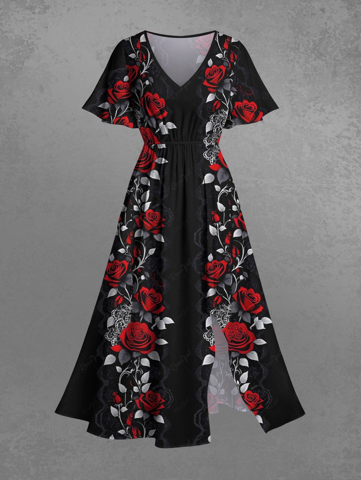 Gothic Plus Size Rose Flower Leaf Vine Print Halloween Costume Split Pocket A Line Midi Dress