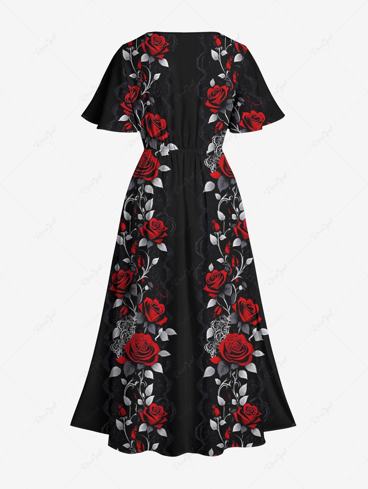 Gothic Plus Size Rose Flower Leaf Vine Print Halloween Costume Split Pocket A Line Midi Dress