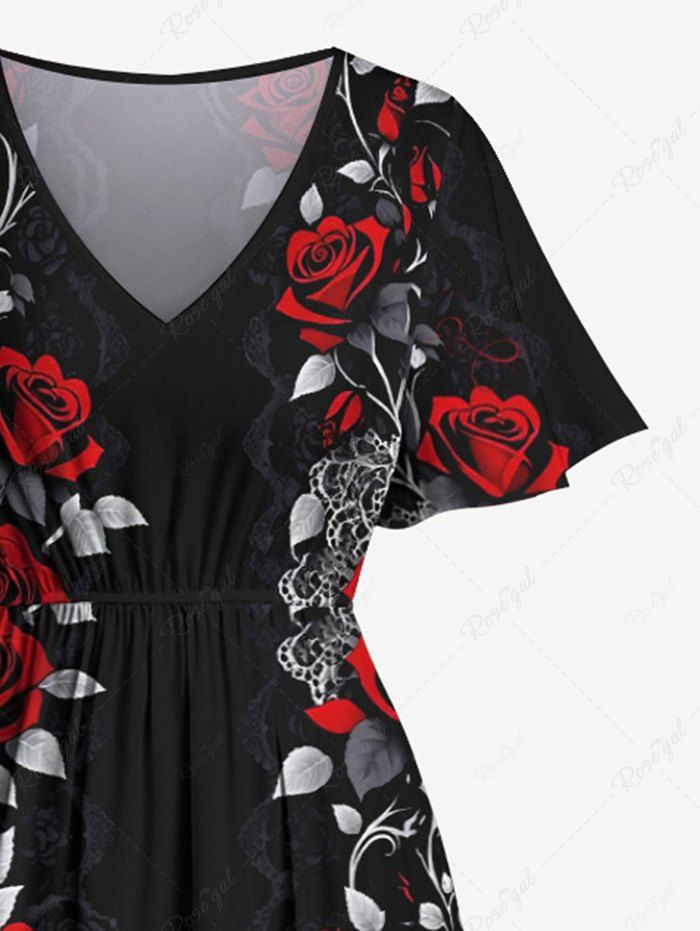 Gothic Plus Size Rose Flower Leaf Vine Print Halloween Costume Split Pocket A Line Midi Dress