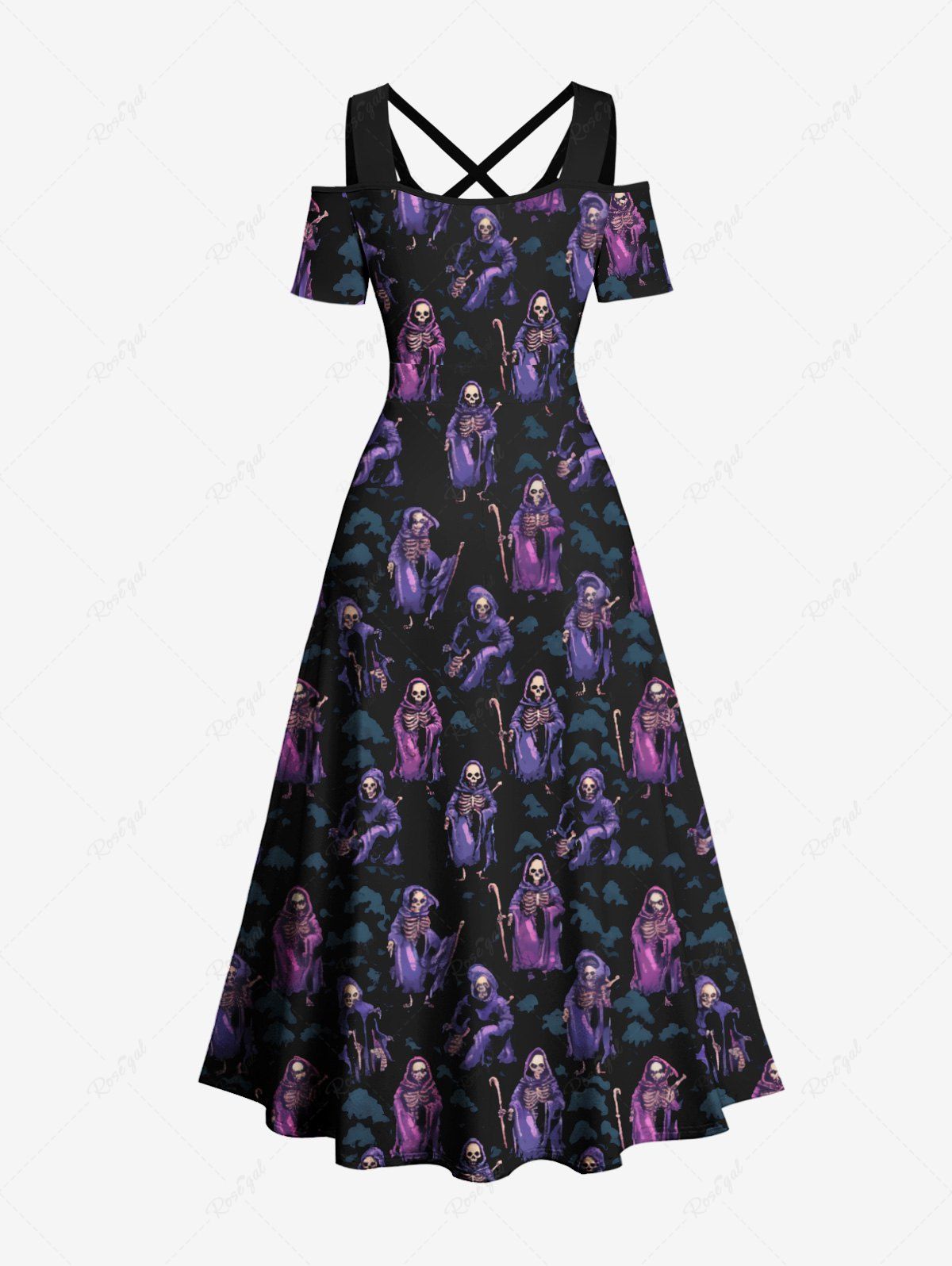 Gothic Plus Size Skull Wizard Print Halloween Costume Crisscross A Line Maxi Dress