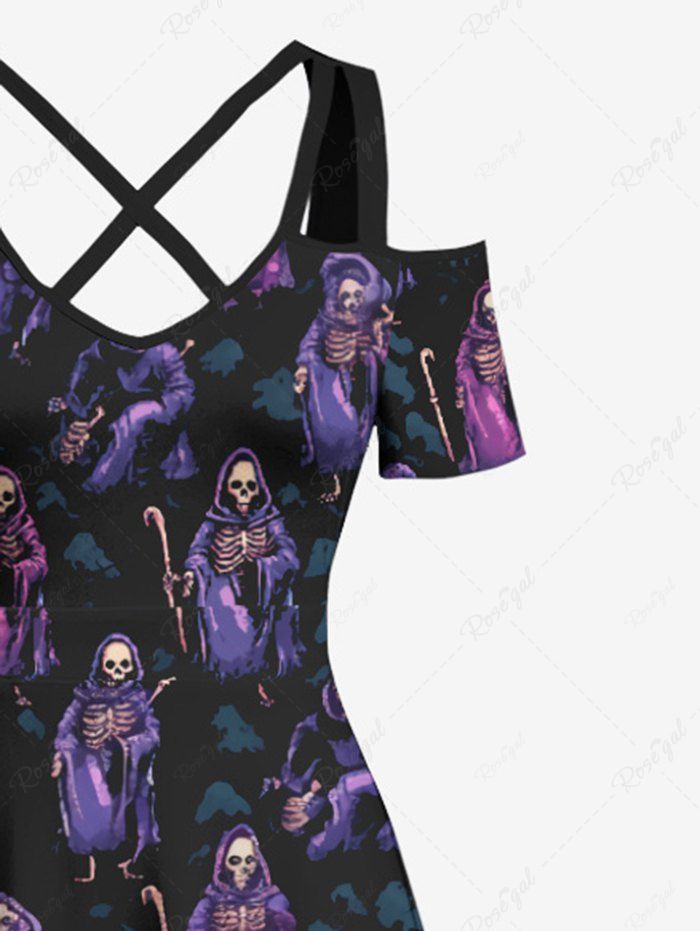 Gothic Plus Size Skull Wizard Print Halloween Costume Crisscross A Line Maxi Dress