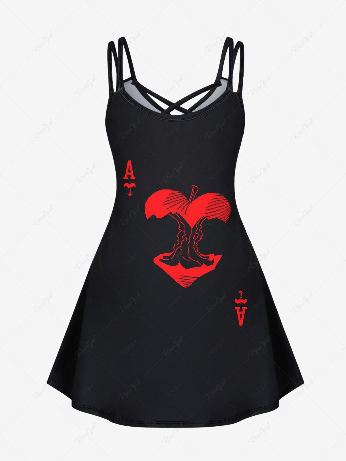 Gothic Plus Size Heart Tree Poker A Two Tone Print Halloween Costume Crisscross A Line Cami Dress