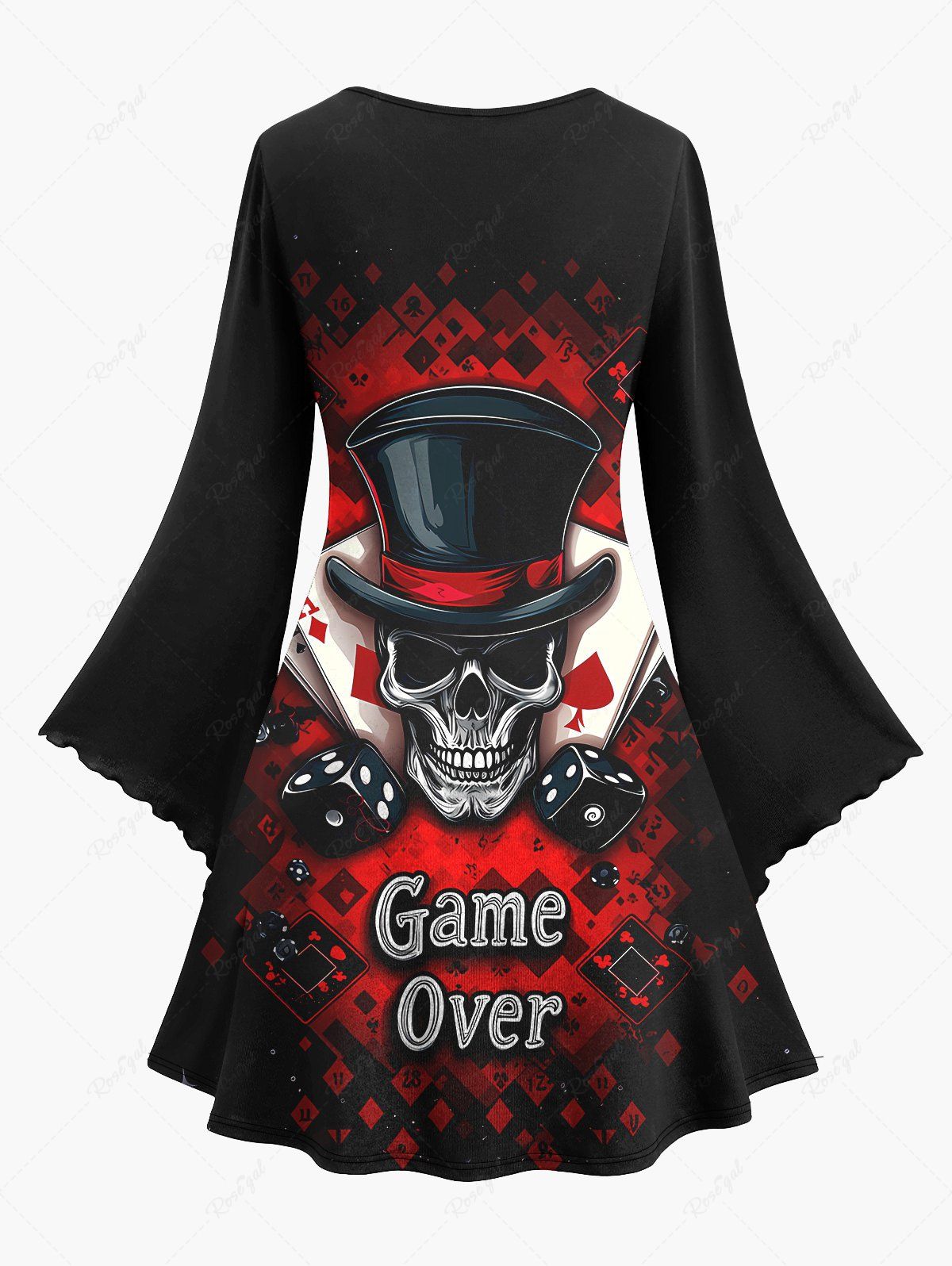 Gothic Plus Size Skull Poker Sieve Print Halloween Costume Ombre A Line Dress