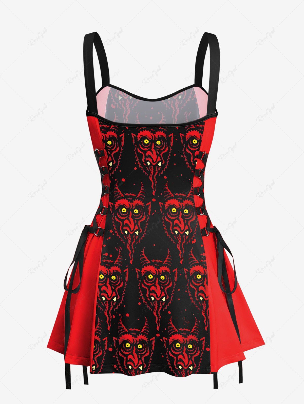 Gothic Sheep Head Monster Print Halloween Costume Lace Up A Line Tank Dress