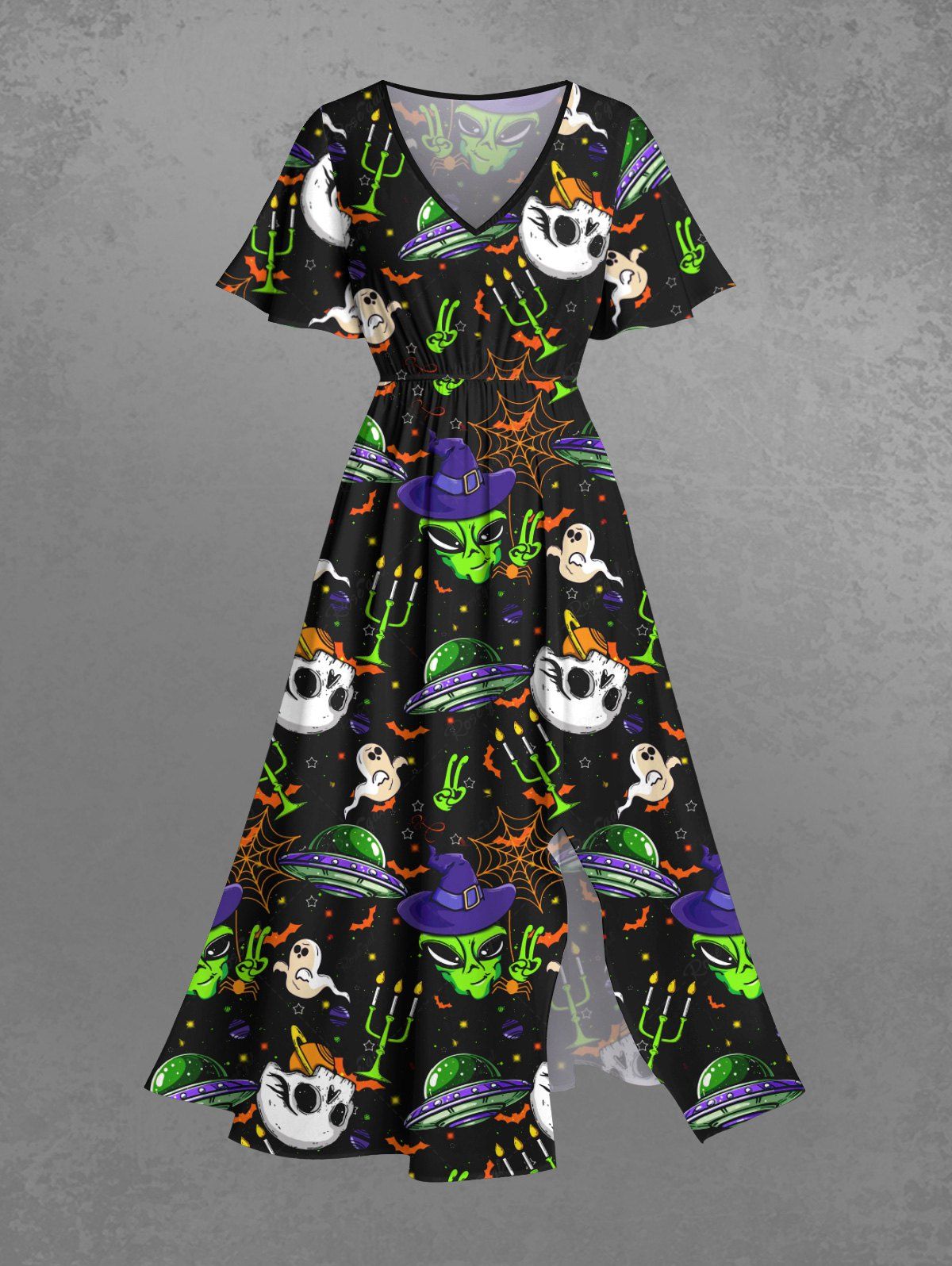 Gothic Plus Size Skull Ghost Candle Bat Spider Web Planet Print Halloween Costume Pocket Split A Line Midi Dress