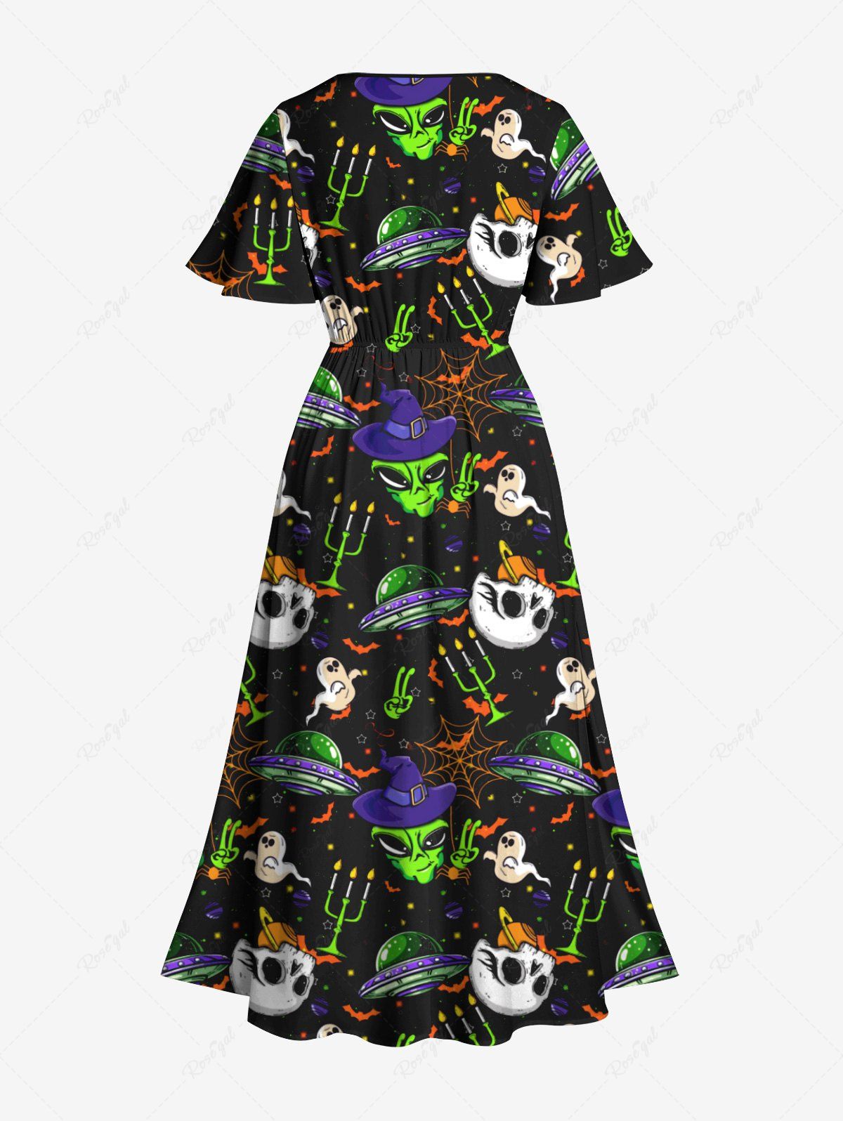 Gothic Plus Size Skull Ghost Candle Bat Spider Web Planet Print Halloween Costume Pocket Split A Line Midi Dress