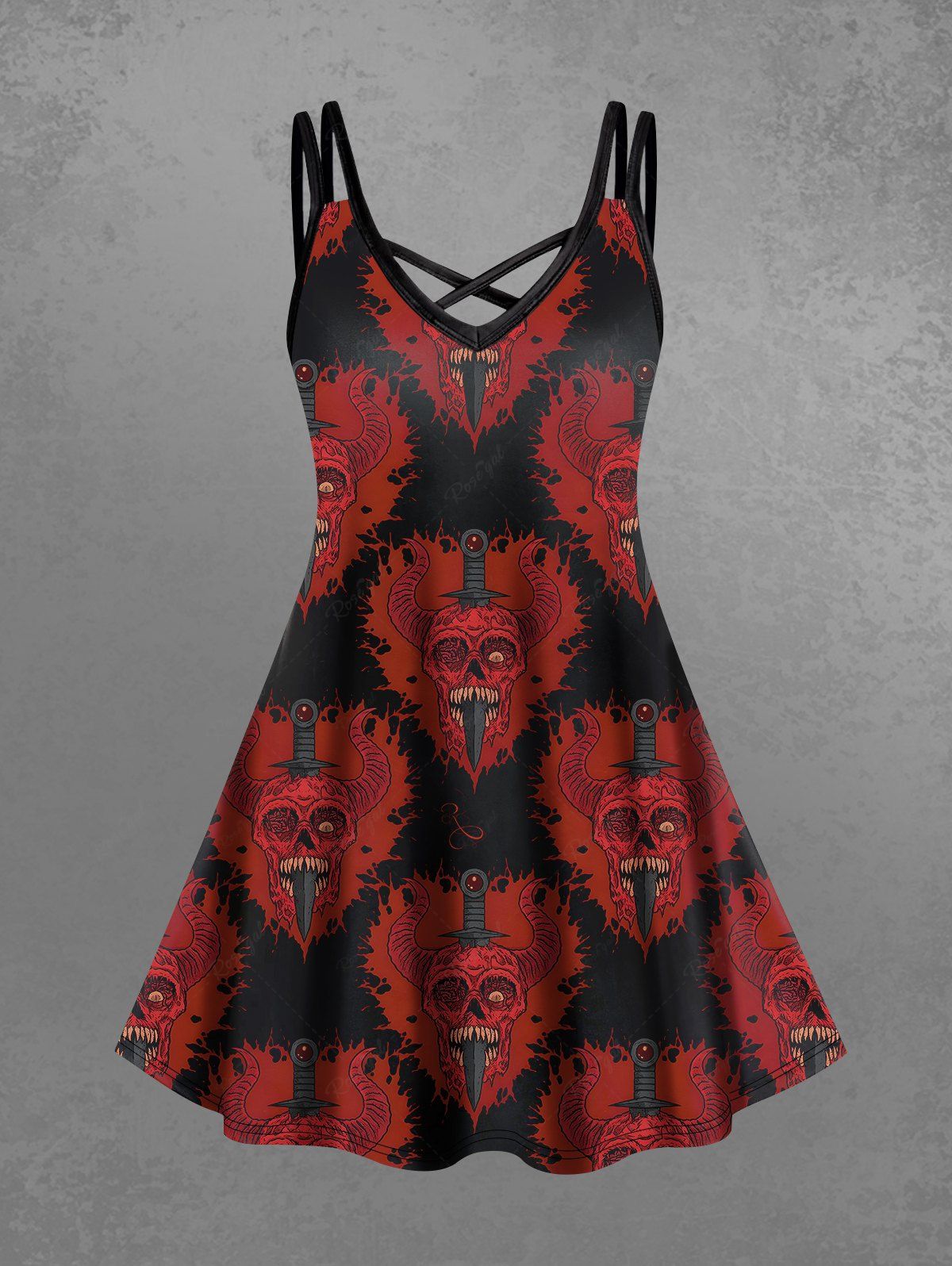 Gothic Plus Size Skull Sheep Head Sword Heart Print Halloween Costume Crisscross A Line Cami Dress