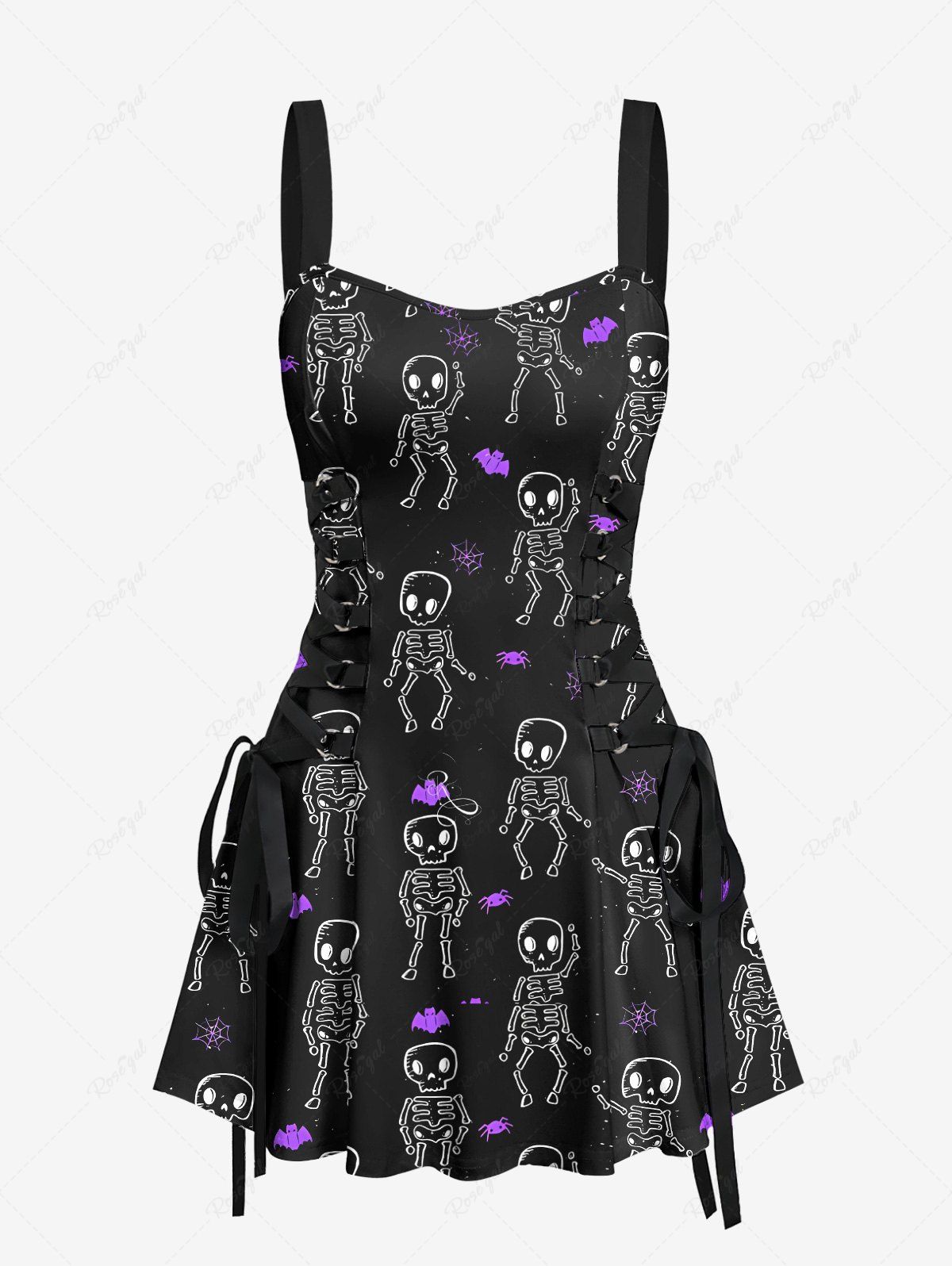 Gothic Skeleton Dancer Bat Spider Print Halloween Costume Lace Up A Line Tank Dress