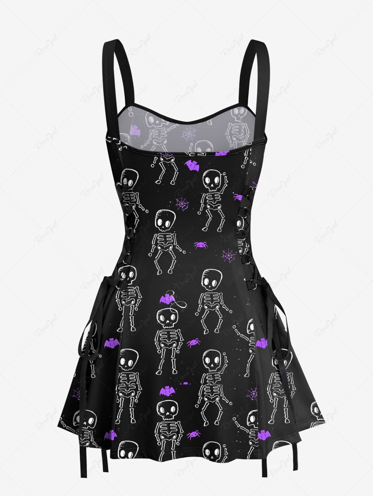 Gothic Skeleton Dancer Bat Spider Print Halloween Costume Lace Up A Line Tank Dress