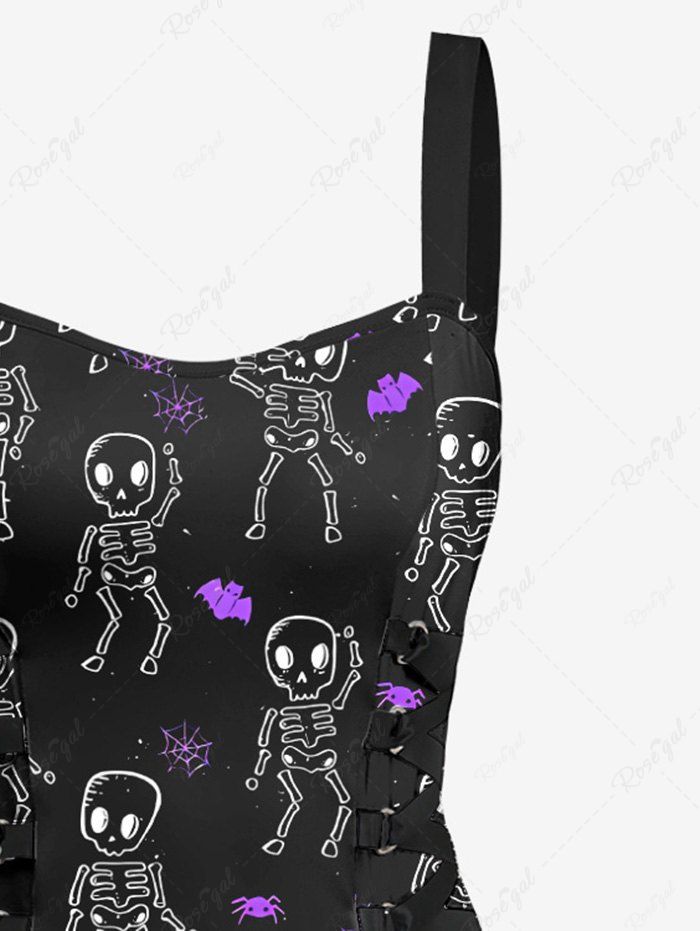 Gothic Skeleton Dancer Bat Spider Print Halloween Costume Lace Up A Line Tank Dress