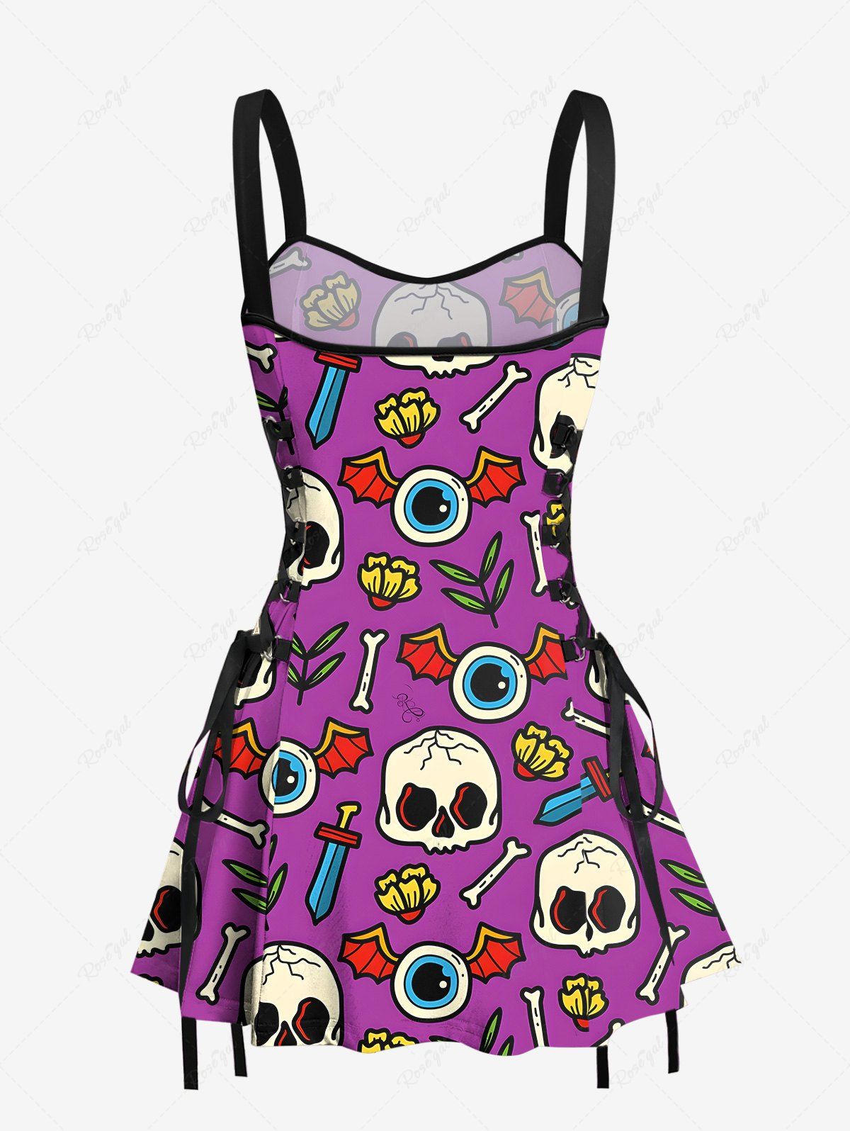 Gothic Skull Eye Bat Sword Bone Floral Leaf Print Halloween Costume Lace Up A Line Tank Dress