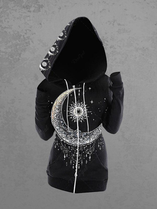 Gothic Plus Size Sun Moon Tassel Galaxy Print Full Zipper Drawstring Pocket Hoodie