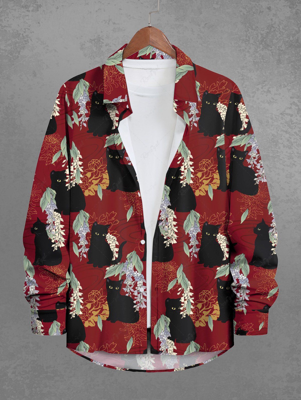 Gothic Plus Size Cat Flower Leaf Print Button Long Sleeves Shirt For Men