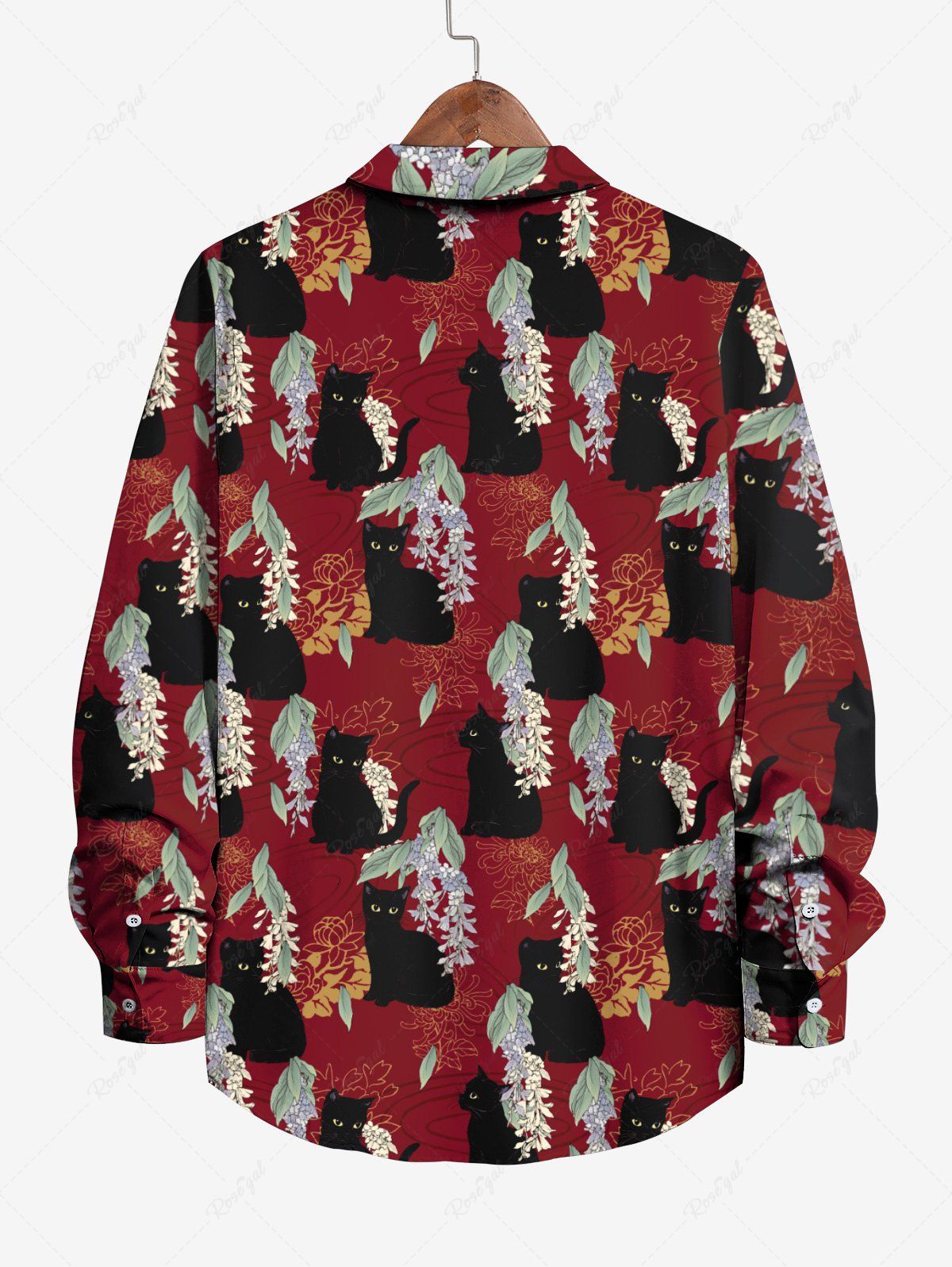 Gothic Plus Size Cat Flower Leaf Print Button Long Sleeves Shirt For Men