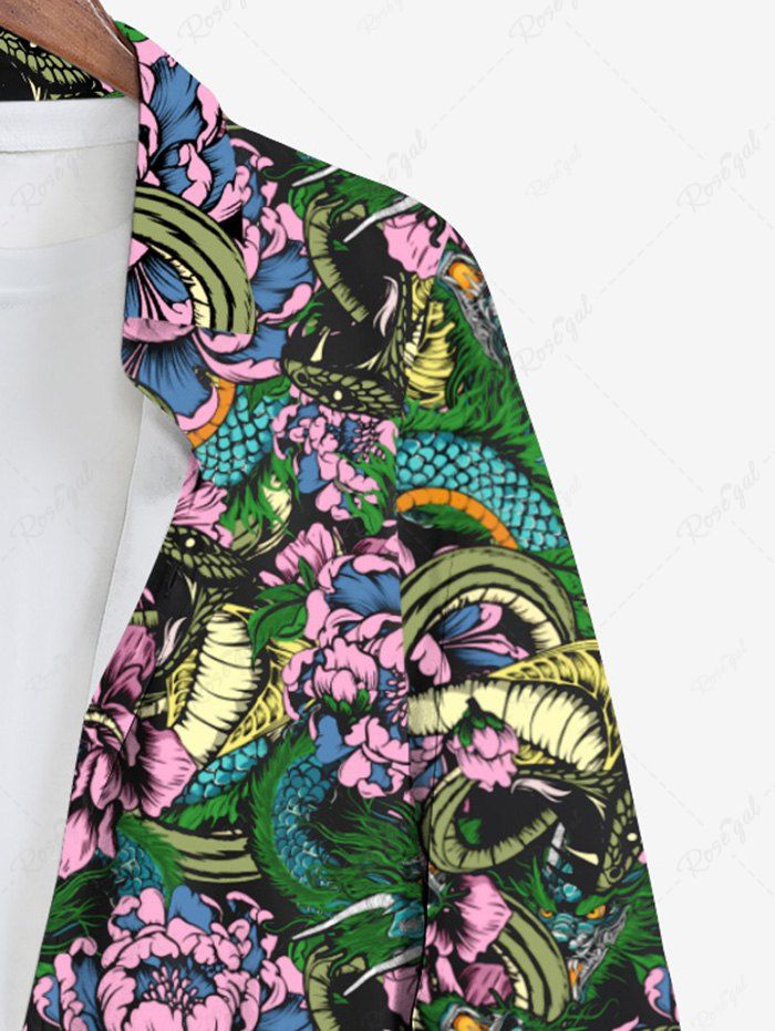 Gothic Plus Size Dragon Snake Flower Print Button Long Sleeves Shirt For Men