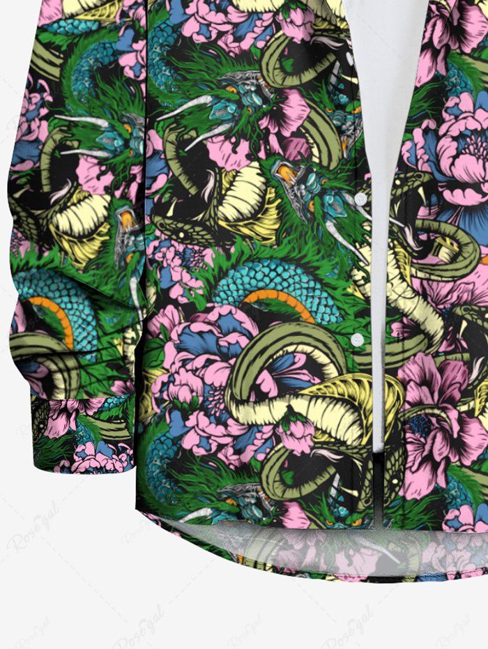 Gothic Plus Size Dragon Snake Flower Print Button Long Sleeves Shirt For Men