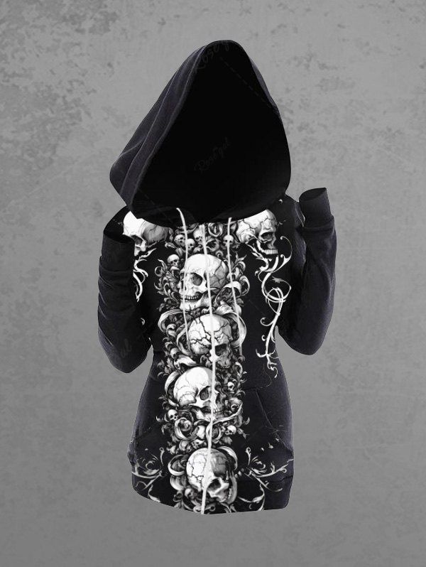 Gothic Plus Size Skulls Branch Vine Print Halloween Zipper Pocket Drawstring Hoodie