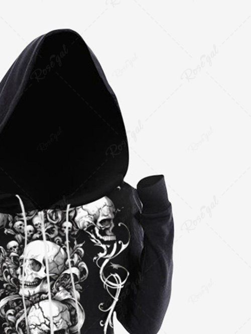 Gothic Plus Size Skulls Branch Vine Print Halloween Zipper Pocket Drawstring Hoodie