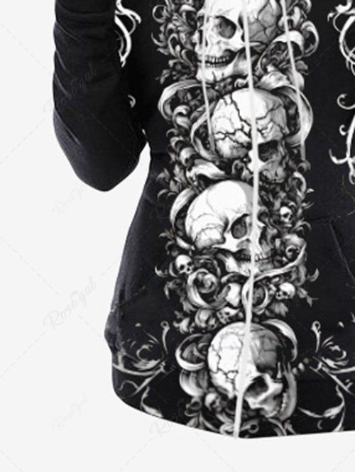 Gothic Plus Size Skulls Branch Vine Print Halloween Zipper Pocket Drawstring Hoodie