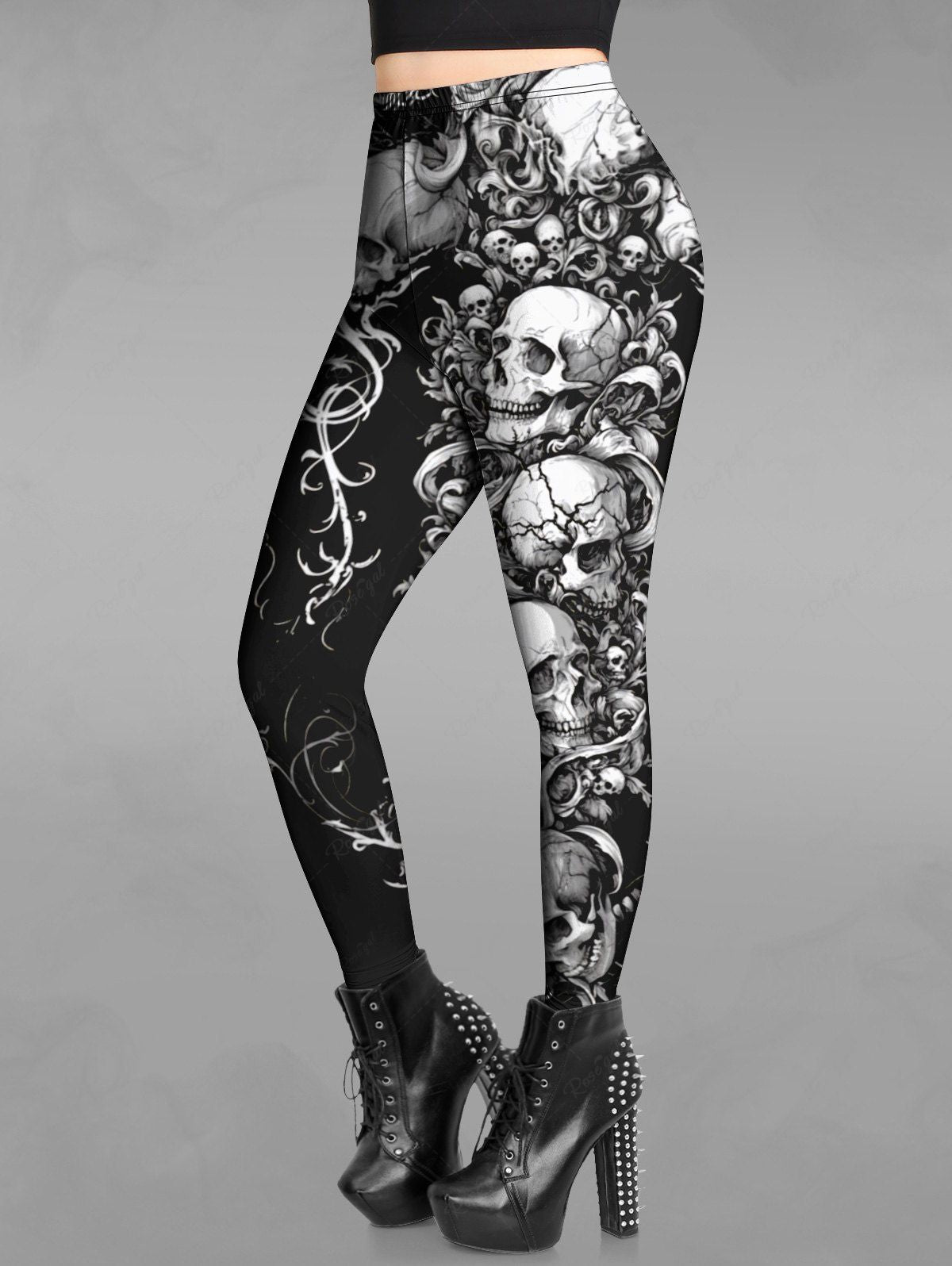 Gothic Plus Size Skulls Branch Vine Print Halloween Skinny Leggings