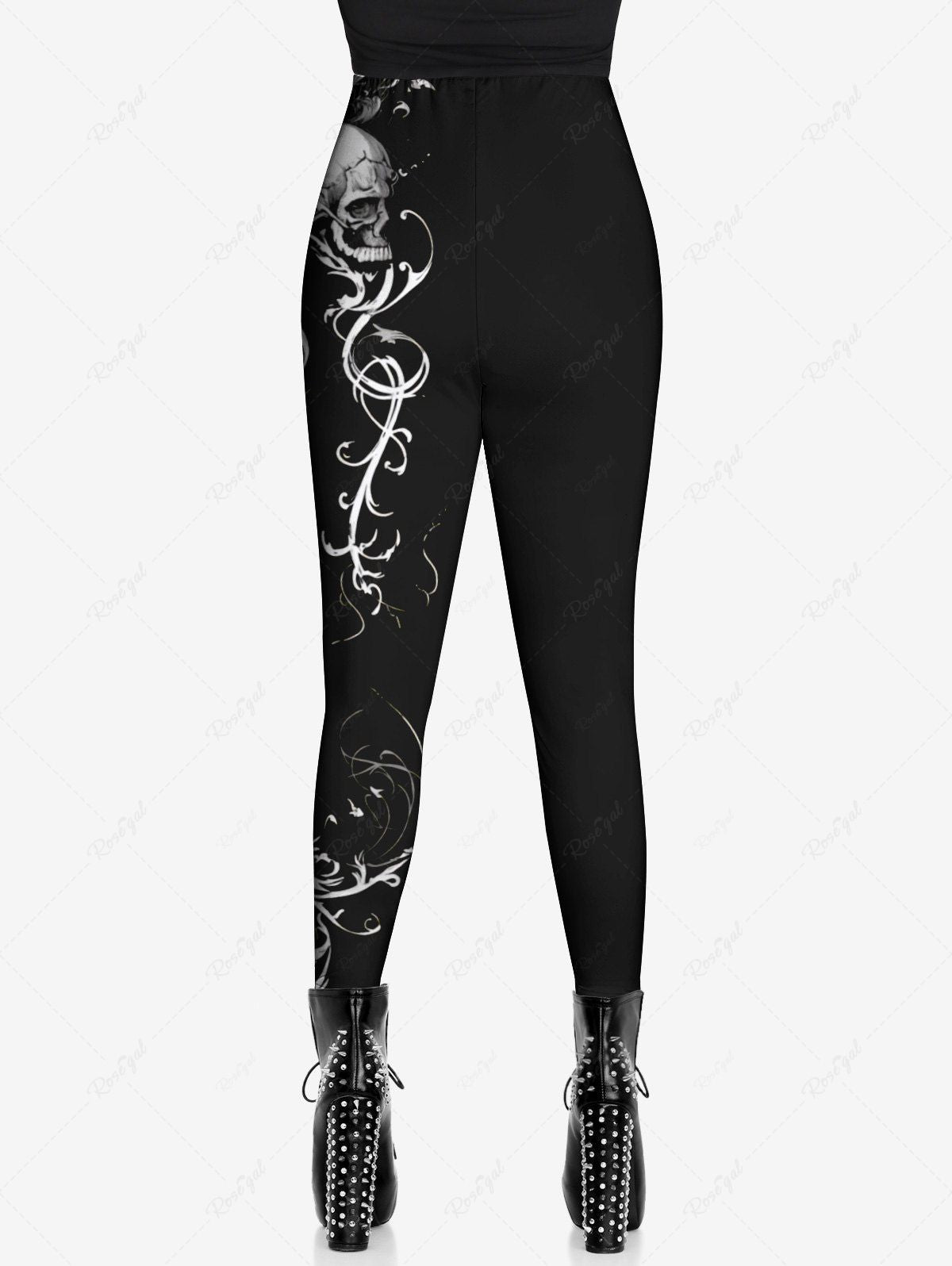 Gothic Plus Size Skulls Branch Vine Print Halloween Skinny Leggings