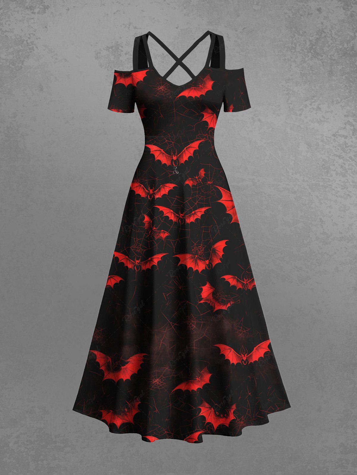 Gothic Plus Size Ombre Bat Print Halloween Costume Crisscross A Line Maxi Dress