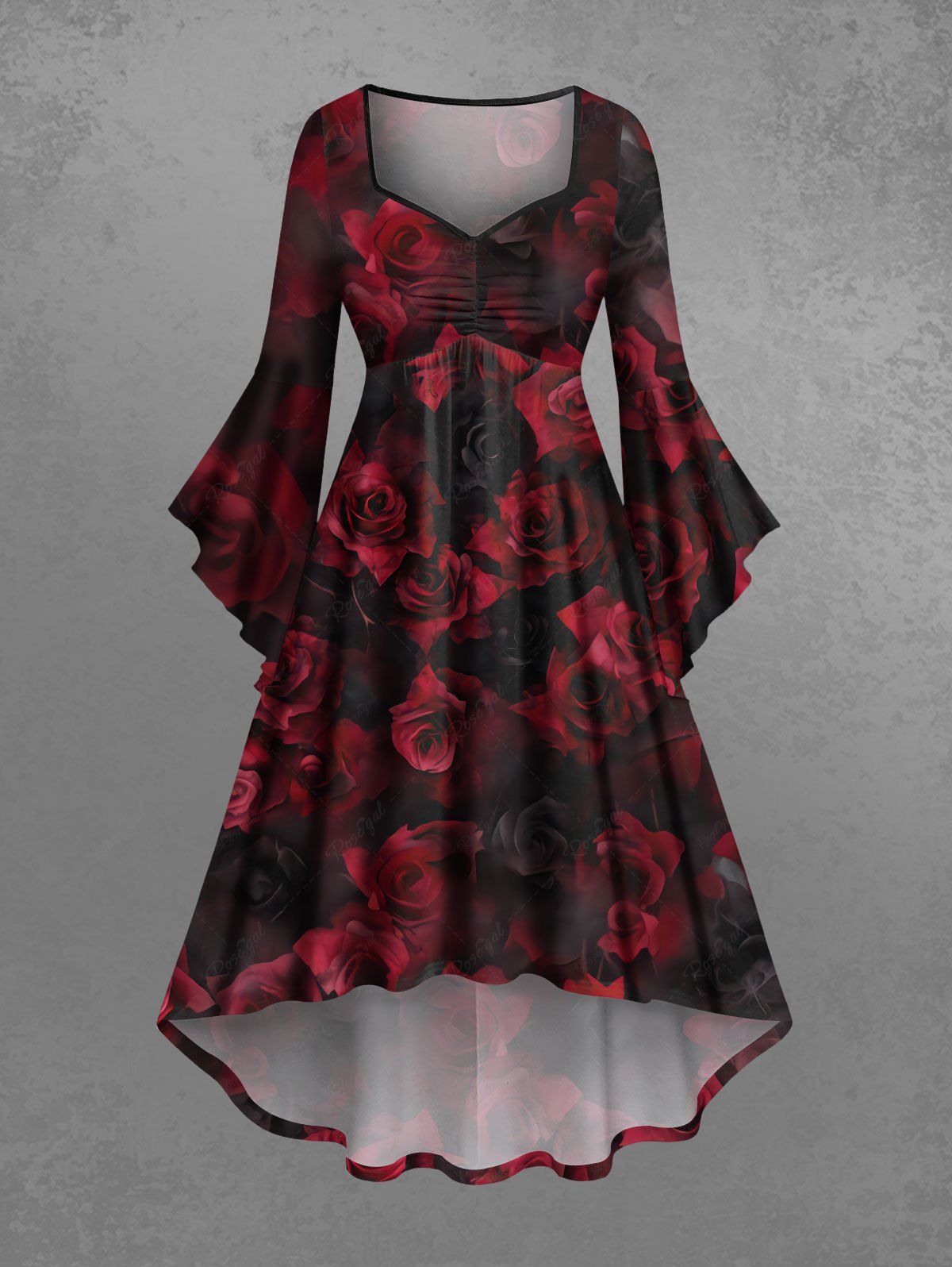 Gothic Plus Size Ombre Rose Flower Print Halloween Costume Ruched High Low Asymmetric Dress