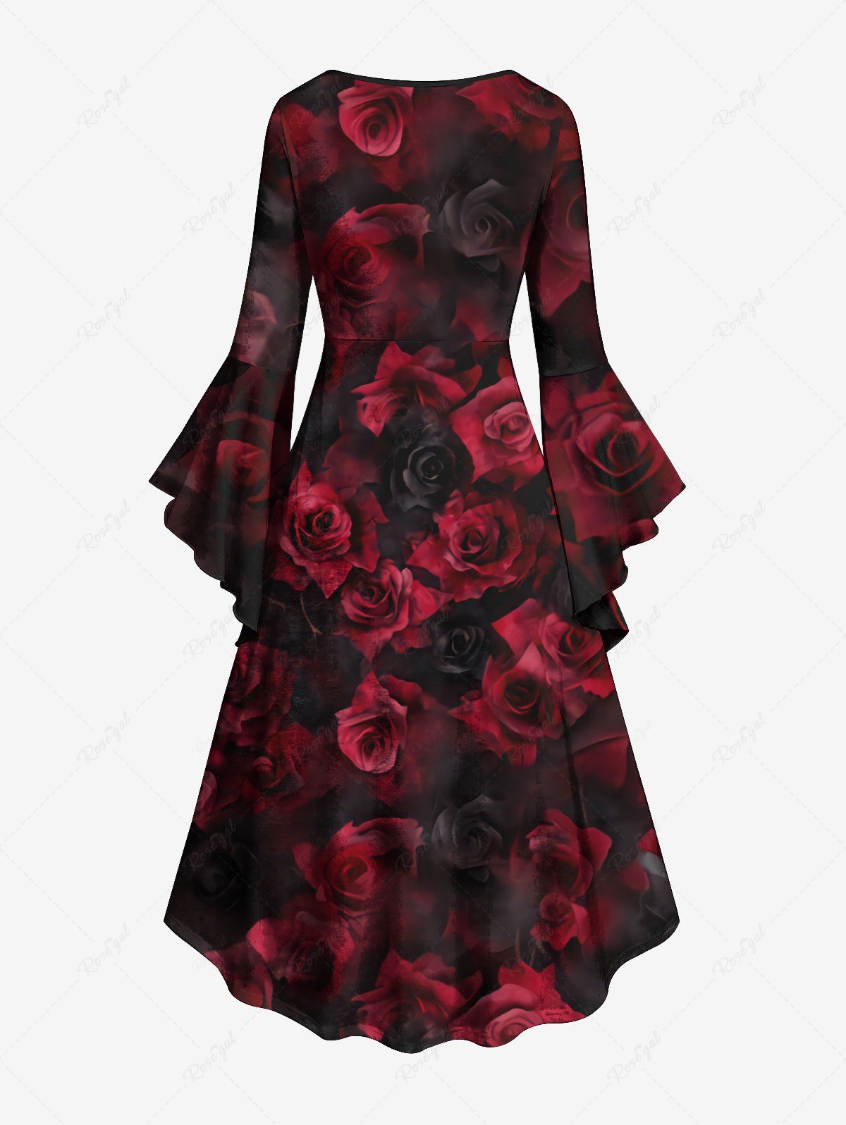 Gothic Plus Size Ombre Rose Flower Print Halloween Costume Ruched High Low Asymmetric Dress