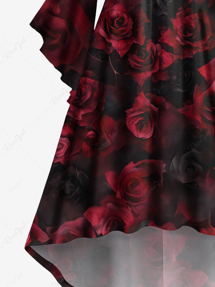 Gothic Plus Size Ombre Rose Flower Print Halloween Costume Ruched High Low Asymmetric Dress