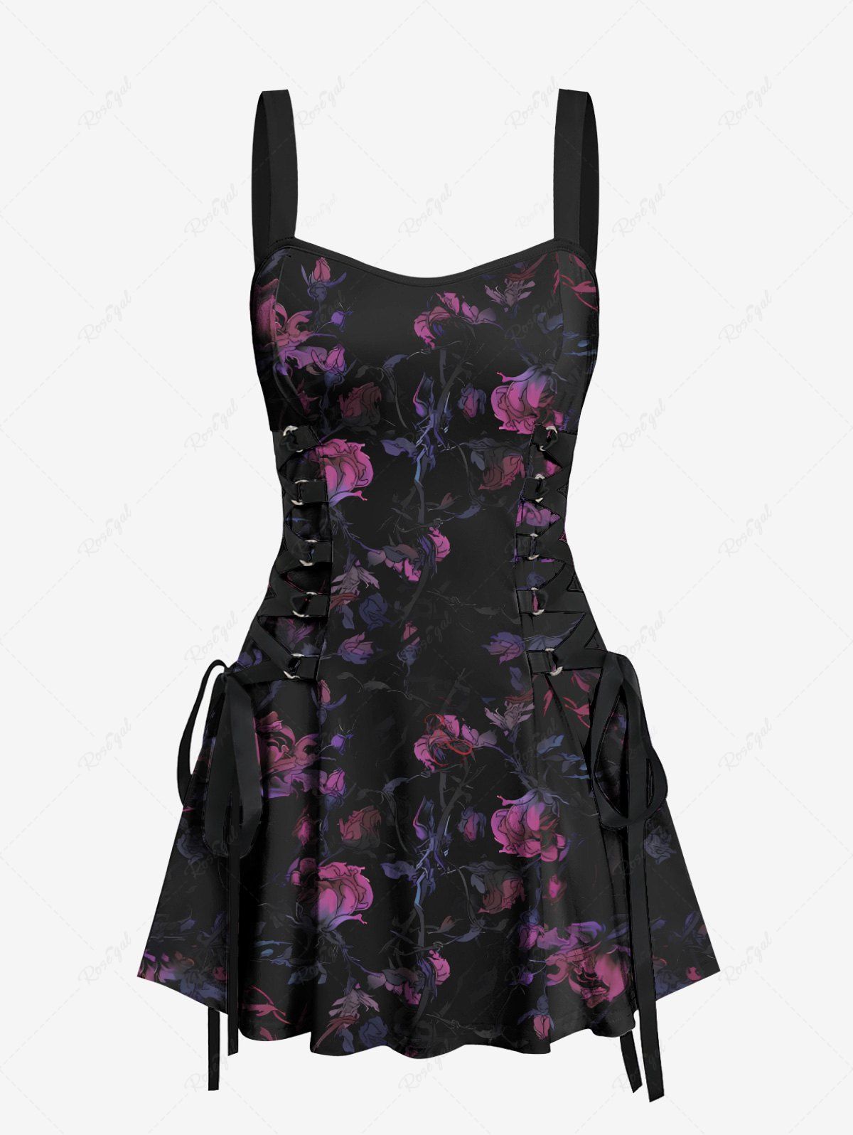 Gothic Ombre Flower Leaf Print Halloween Costume Lace Up A Line Tank Dress