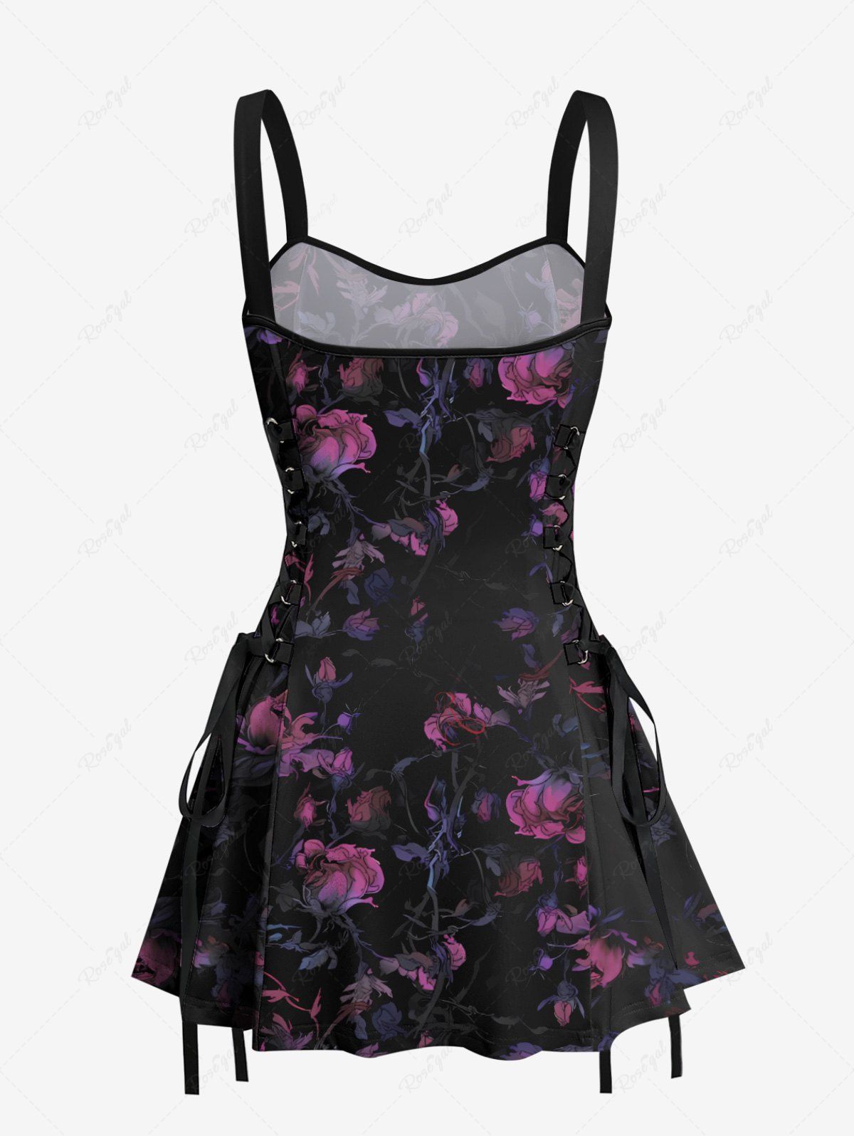 Gothic Ombre Flower Leaf Print Halloween Costume Lace Up A Line Tank Dress