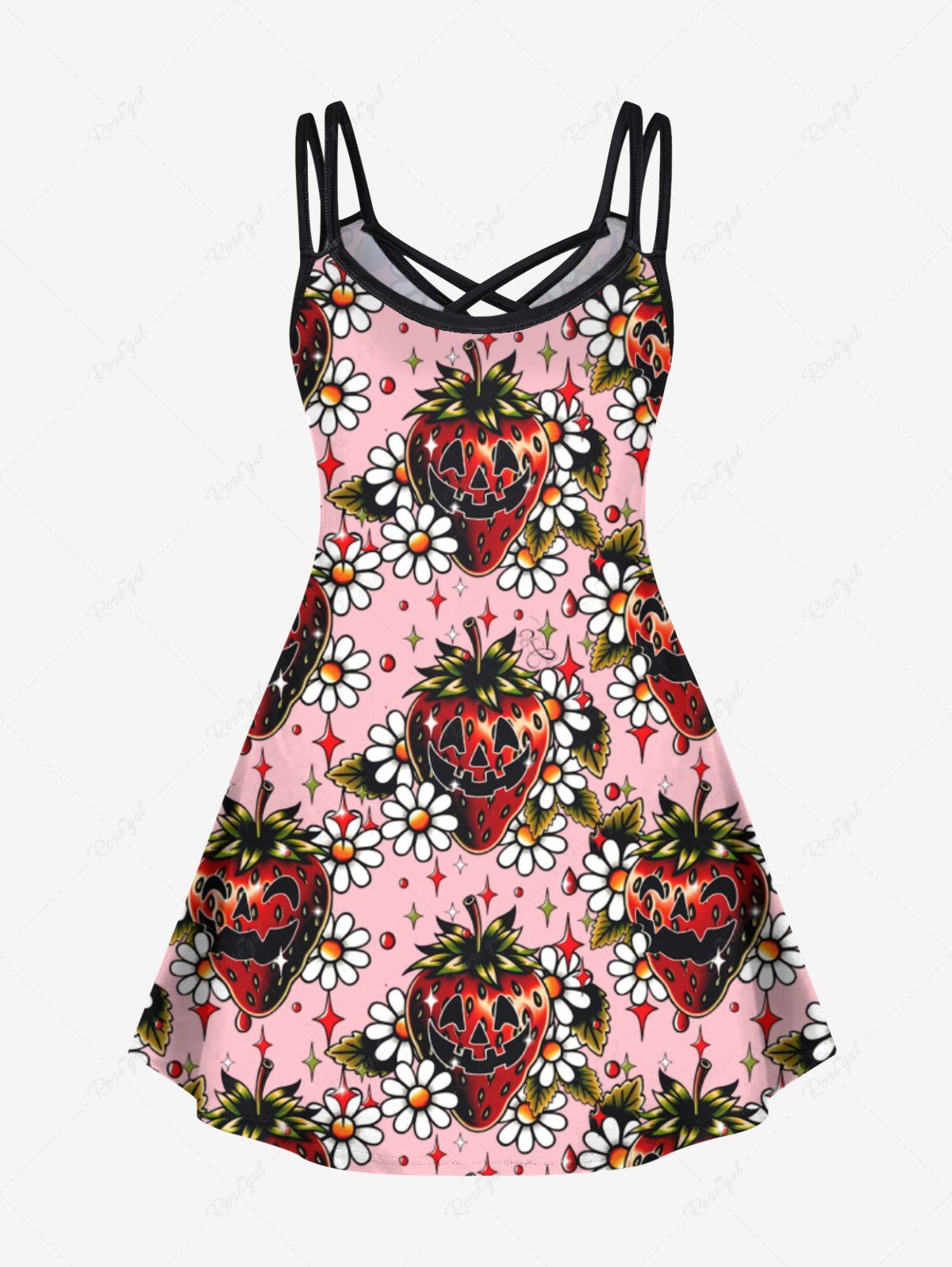 Gothic Plus Size Skulls Strawberry Stars Floral Print Halloween Costume Crisscross A Line Cami Dress