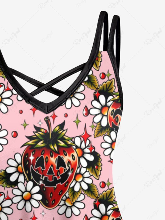 Gothic Plus Size Skulls Strawberry Stars Floral Print Halloween Costume Crisscross A Line Cami Dress